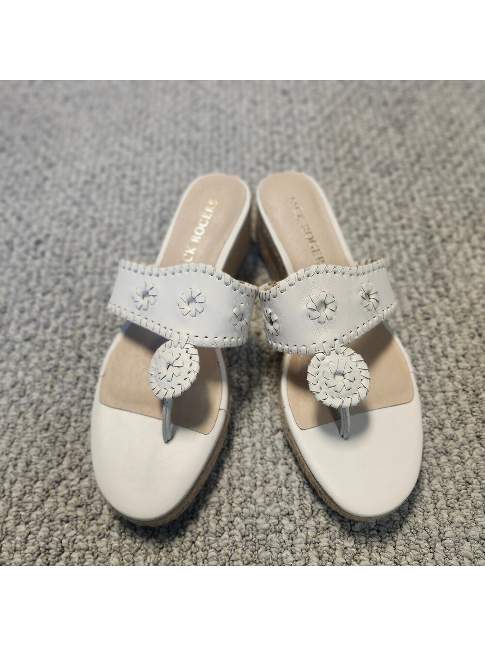 Jack Rogers White Wedge Sandals with Floral Stitching Size 9M